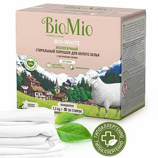 Стиральный порошок для белого белья BioMio Bio-White, с экстрактом хлопка, 1,5 кг фото